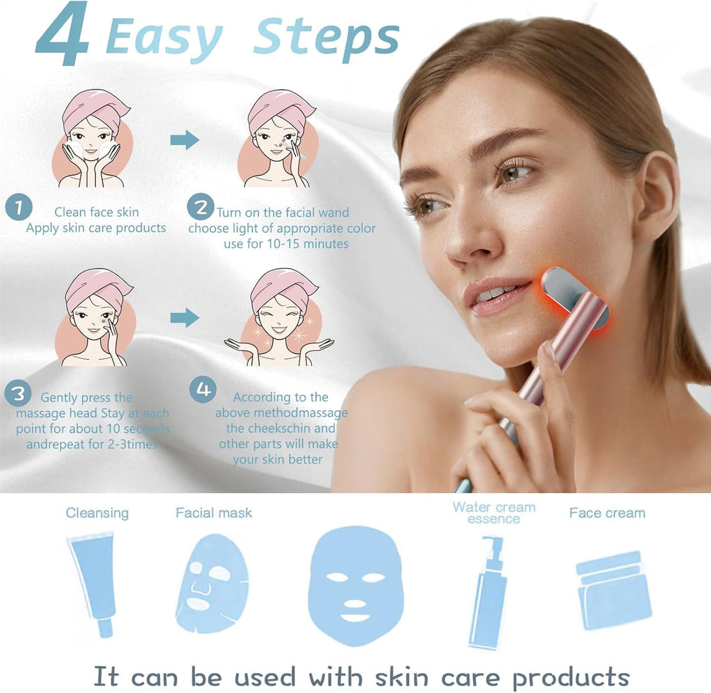 Led-Face-Wand，7 in 1 LED Light Therapy Facial Red & Blue Rejuvenation Tool