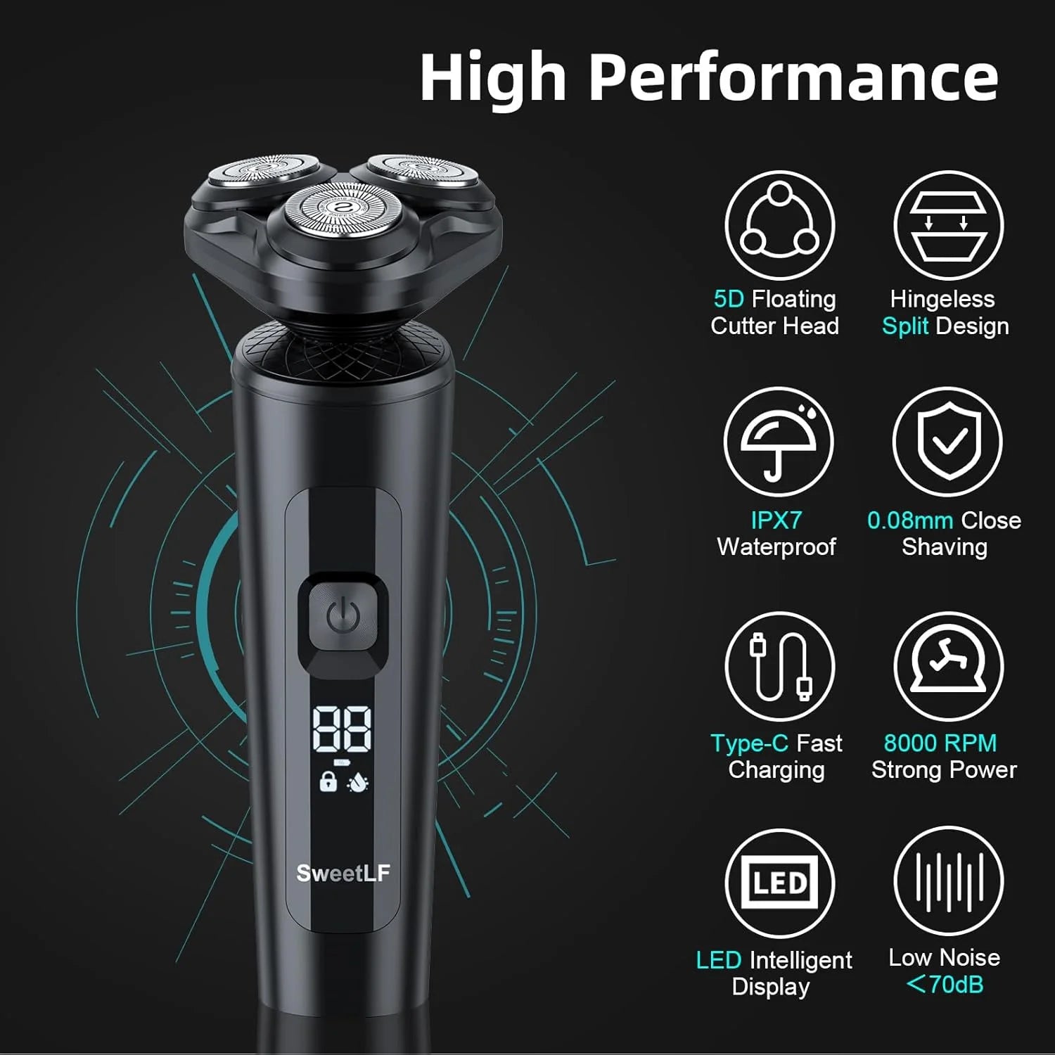 Electric Shaver for Men, 2 in 1 Cordless Rechargeable Electric Razor with Beard Trimmer, IPX7 Waterproof, Black